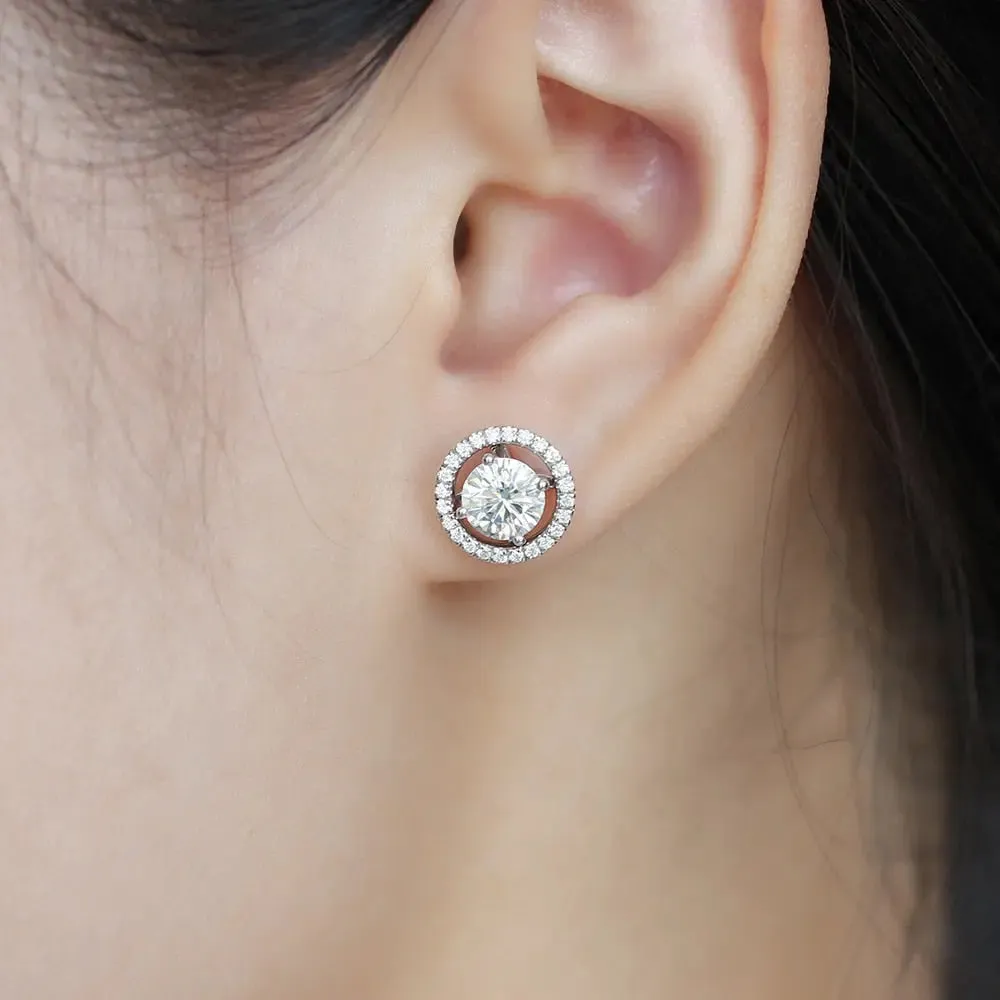 10k White Gold & Silver Moissanite Halo Stud Earrings 2.24ctw