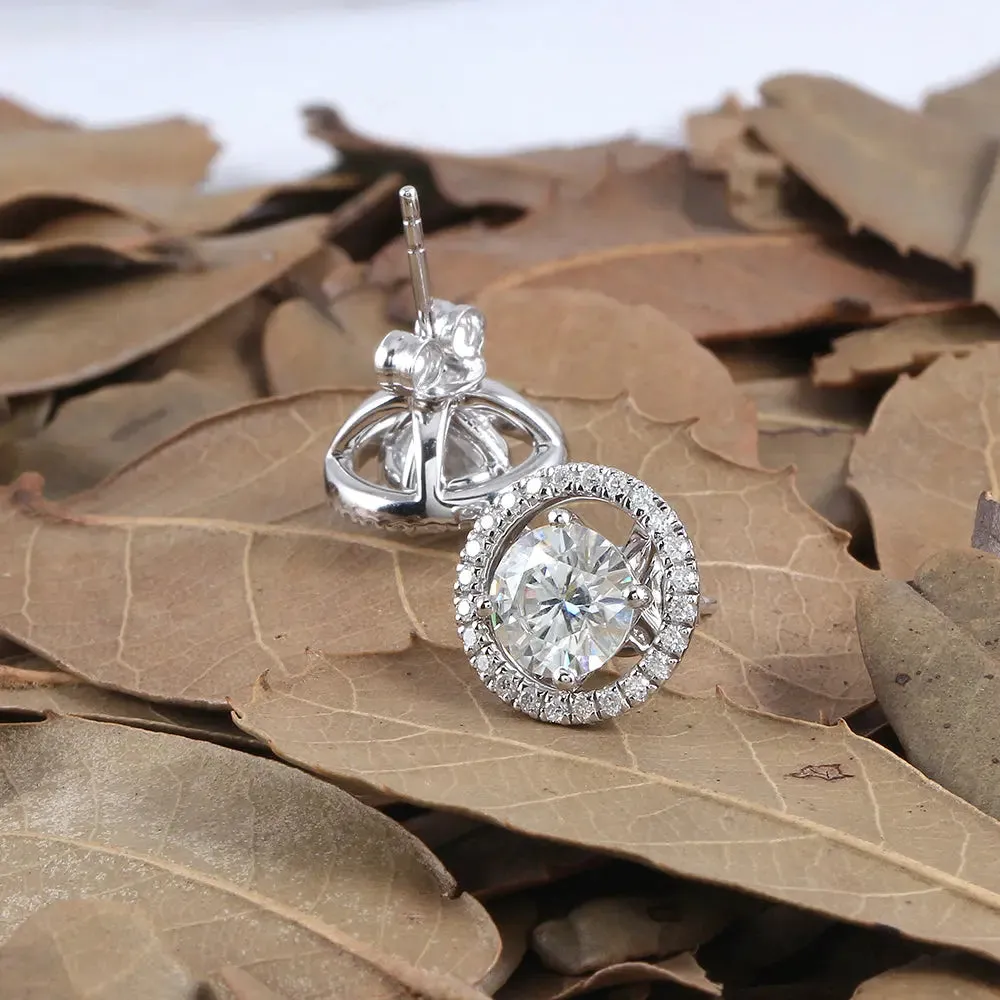 10k White Gold & Silver Moissanite Halo Stud Earrings 2.24ctw