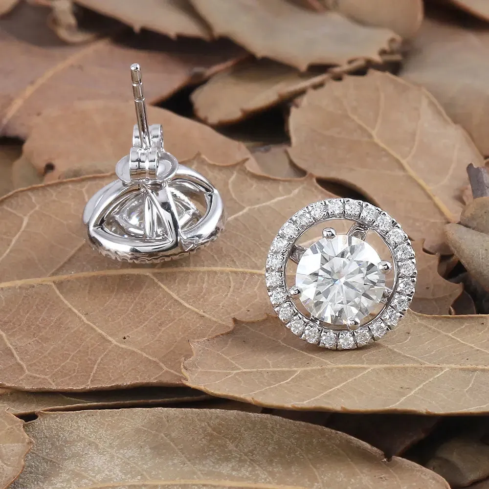 10k White Gold & Silver Moissanite Halo Stud Earrings 2.24ctw