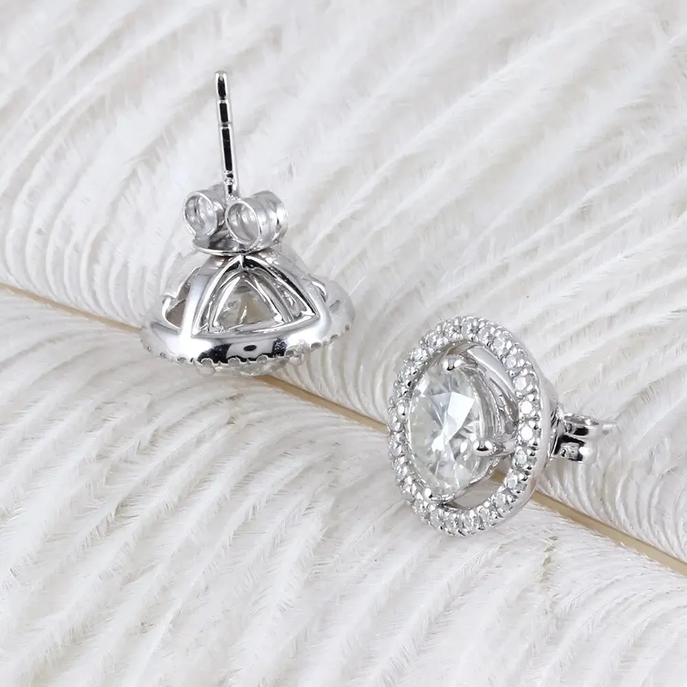 10k White Gold & Silver Moissanite Halo Stud Earrings 2.24ctw