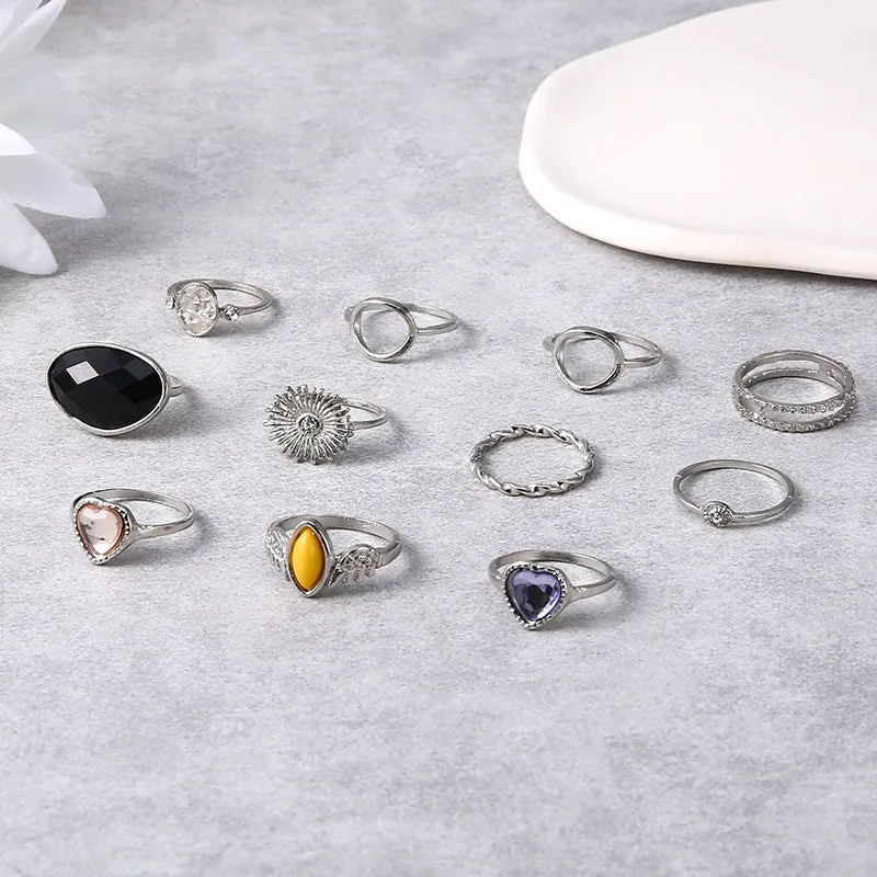 11 Pieces Love Heart Rings Set with Black and Purple Zircon