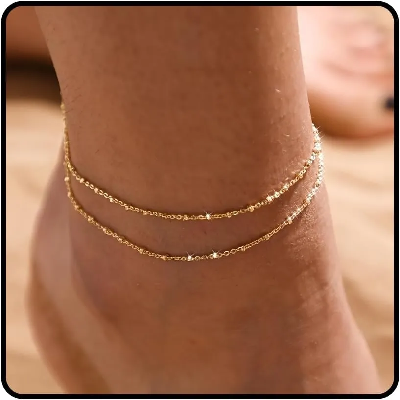 2 PCS Gold Ankle Bracelets for Women Dainty Waterproof Layered Anklets Trendy layered Ankle Bracelet Set Summer Beach Surfer Foot Jewelry Accessories for Her