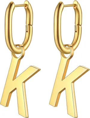 Bestyle Hypoallergenic Initial Dangle Earrings for Women, Chunky U-shape Huggie Hoops with 26 Letters, Stainless Steel in Silver/Gold/Black Tone, High Street Monogram Jewelry for Women