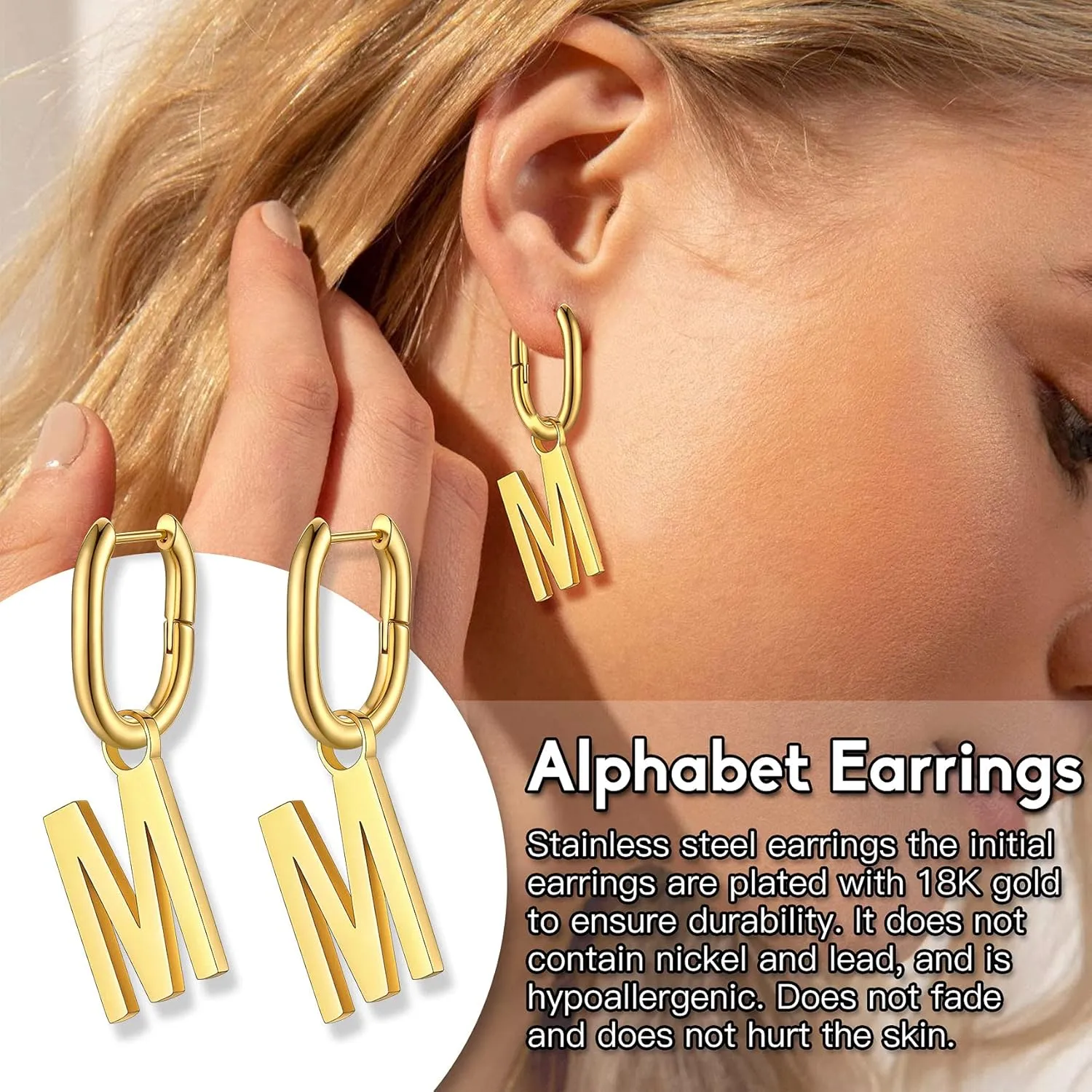 Bestyle Hypoallergenic Initial Dangle Earrings for Women, Chunky U-shape Huggie Hoops with 26 Letters, Stainless Steel in Silver/Gold/Black Tone, High Street Monogram Jewelry for Women