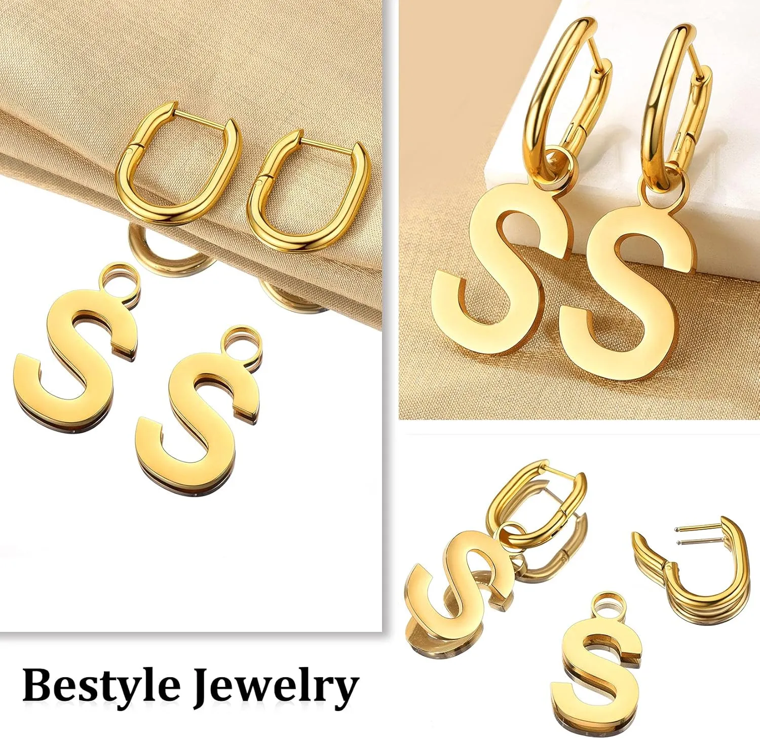 Bestyle Hypoallergenic Initial Dangle Earrings for Women, Chunky U-shape Huggie Hoops with 26 Letters, Stainless Steel in Silver/Gold/Black Tone, High Street Monogram Jewelry for Women