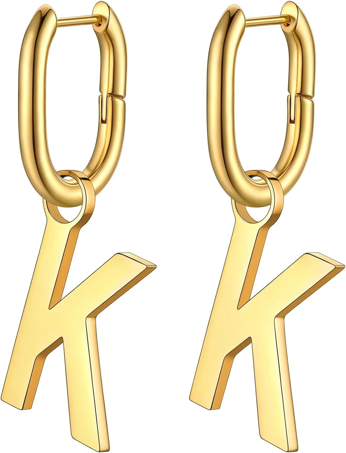 Bestyle Hypoallergenic Initial Dangle Earrings for Women, Chunky U-shape Huggie Hoops with 26 Letters, Stainless Steel in Silver/Gold/Black Tone, High Street Monogram Jewelry for Women