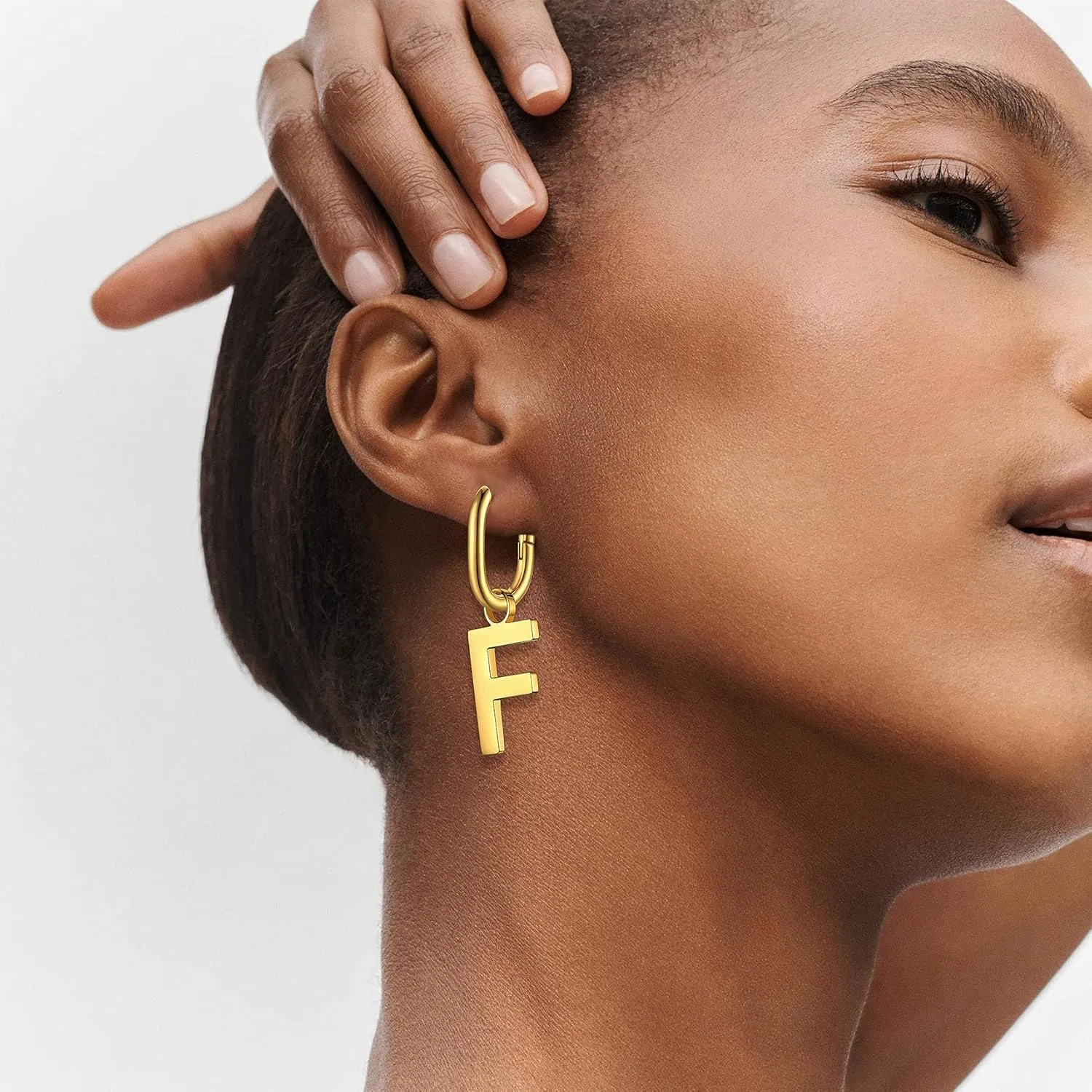 Bestyle Hypoallergenic Initial Dangle Earrings for Women, Chunky U-shape Huggie Hoops with 26 Letters, Stainless Steel in Silver/Gold/Black Tone, High Street Monogram Jewelry for Women
