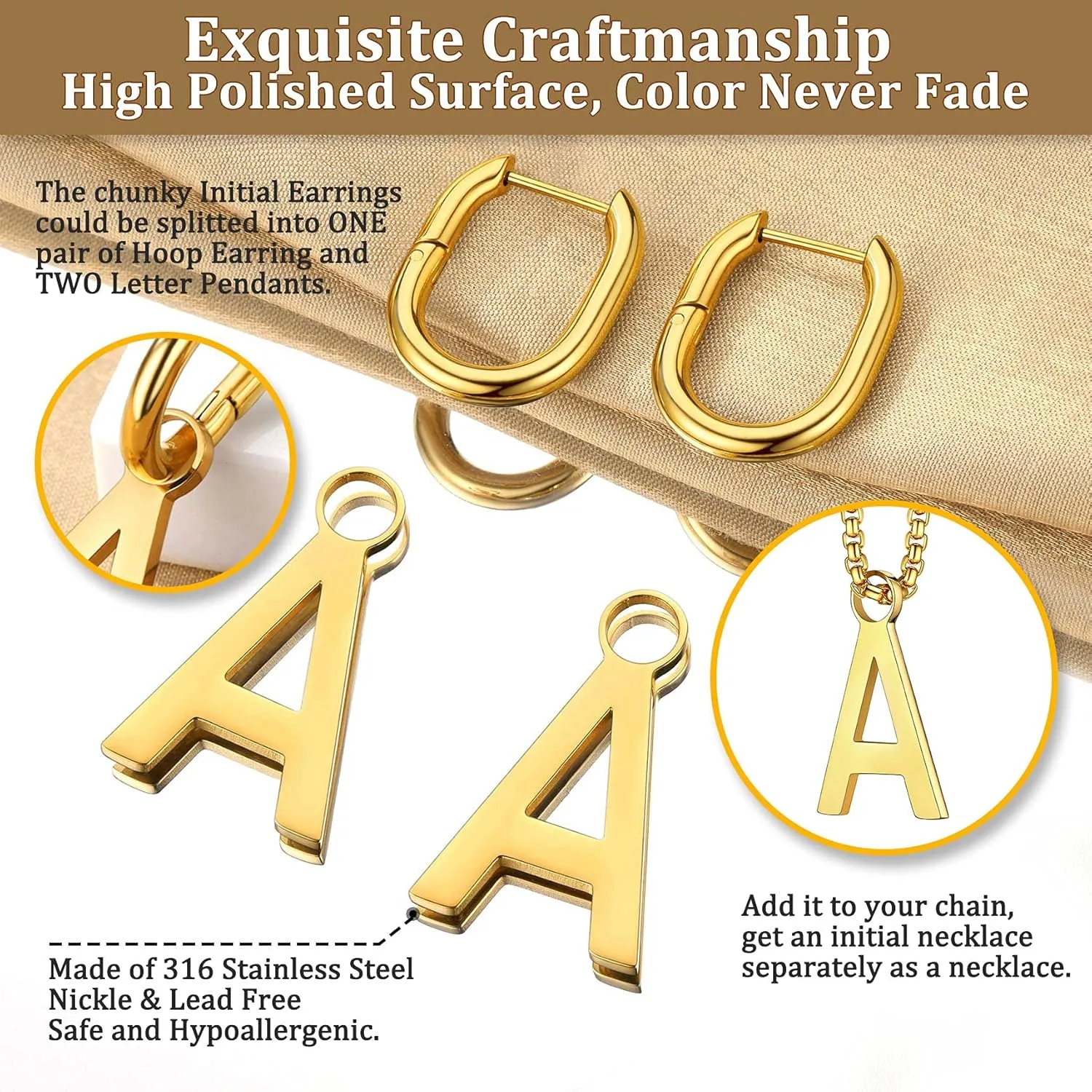 Bestyle Hypoallergenic Initial Dangle Earrings for Women, Chunky U-shape Huggie Hoops with 26 Letters, Stainless Steel in Silver/Gold/Black Tone, High Street Monogram Jewelry for Women