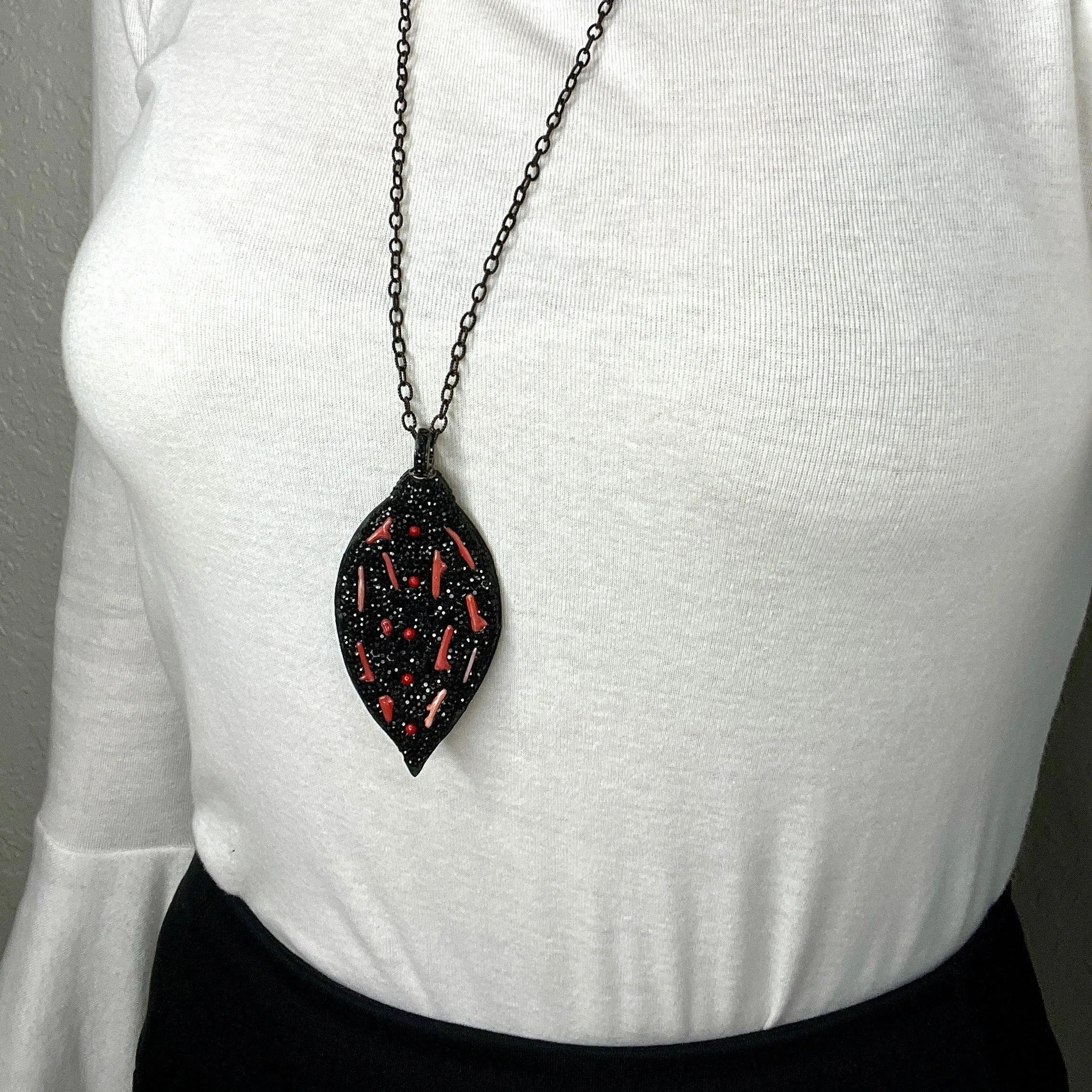 Black & Red Gemstone & Leather Pendant