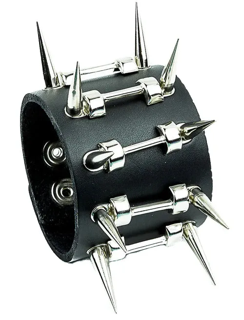 Black Leather Bracelet w/ Spike Holder Details