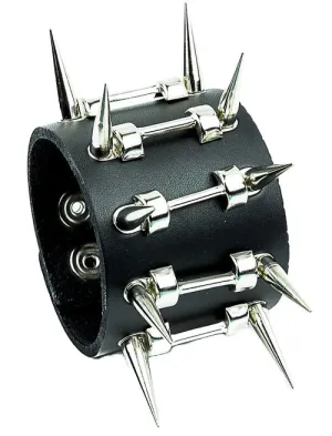 Black Leather Bracelet w/ Spike Holder Details