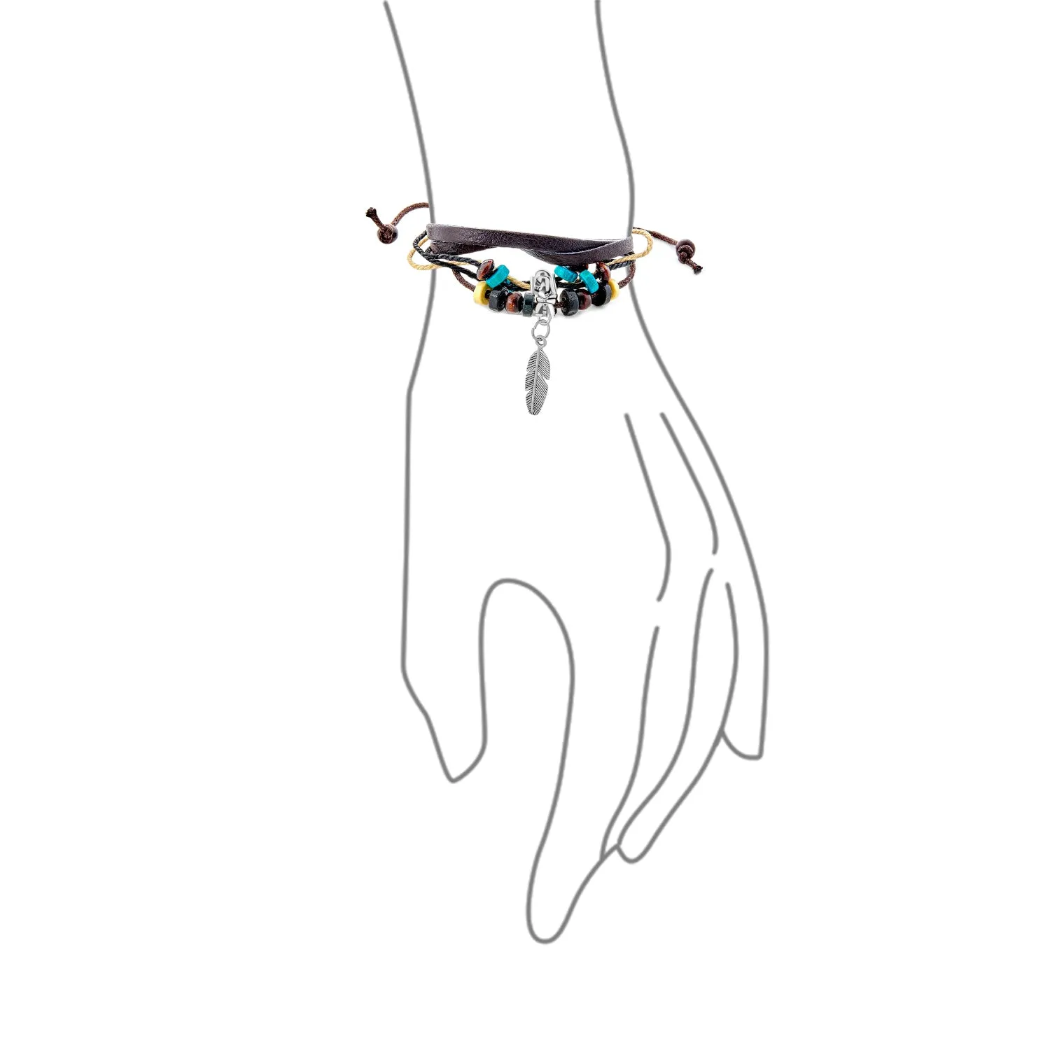 Boho Zen Leaf Triple Wrap Bracelet with Turquoise Beads and Feather Charm