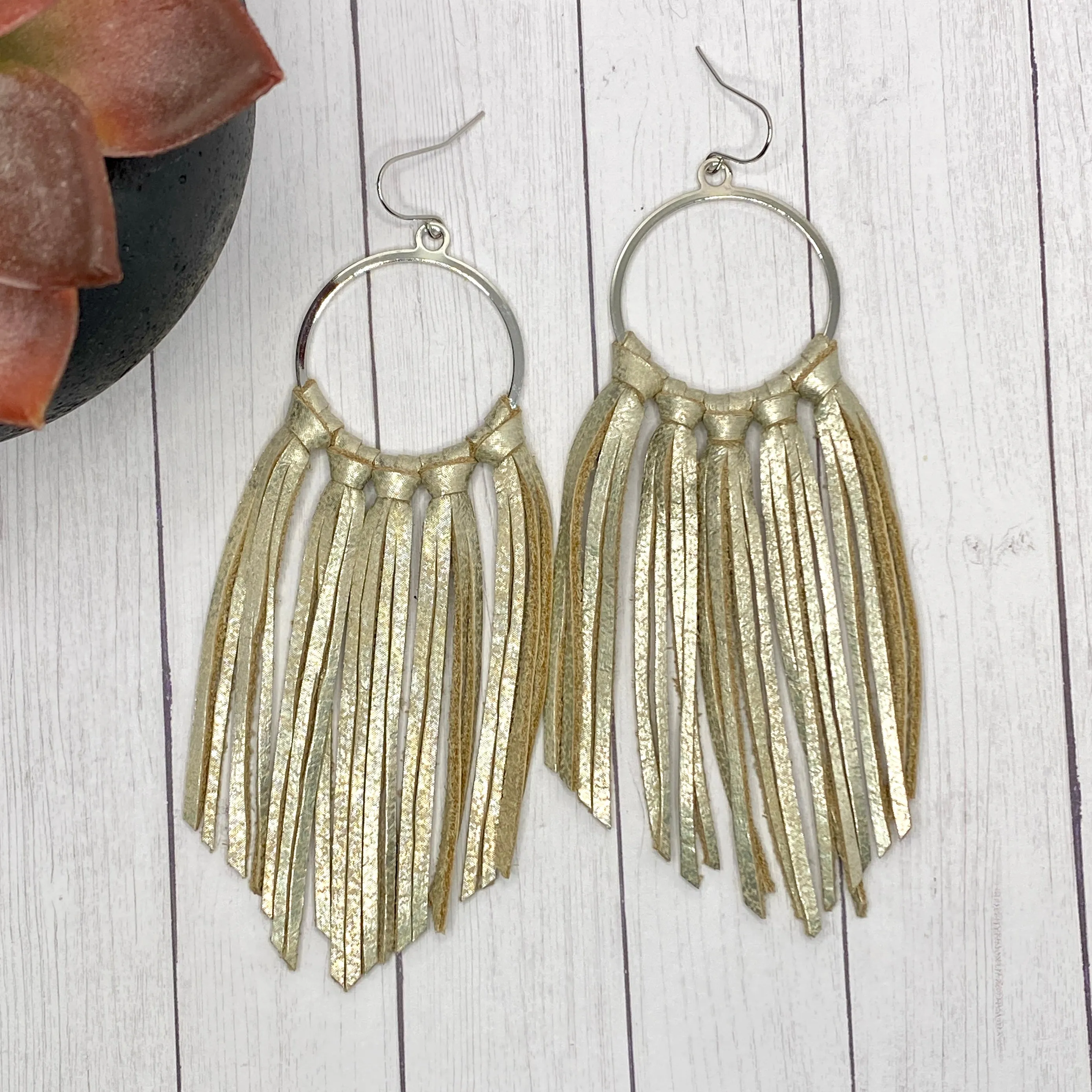 Champagne Leather Fringe Hoop Earrings
