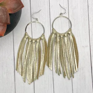 Champagne Leather Fringe Hoop Earrings