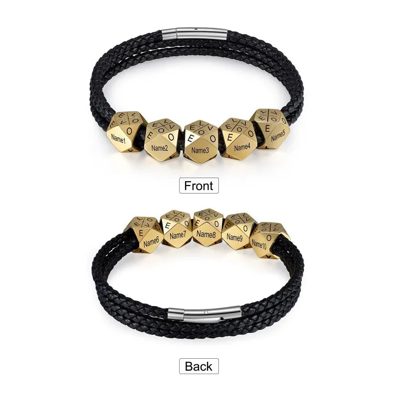 Customized 10 Names Engraved Leather Beads Bracelet