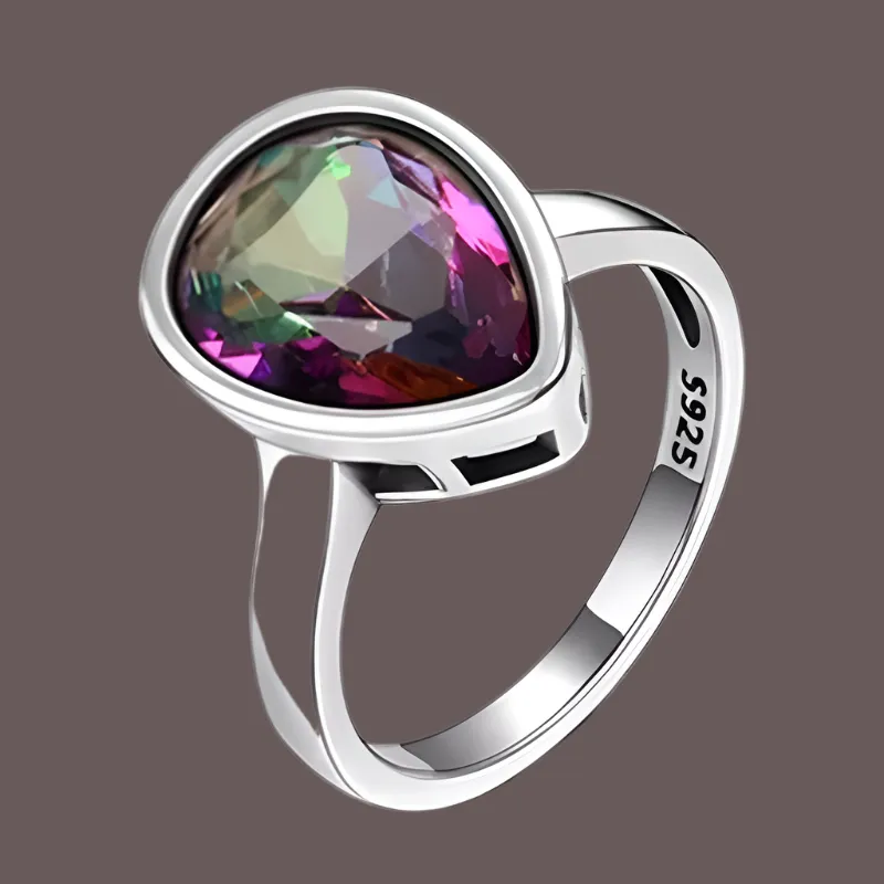 Exquisite 925 Sterling Silver Rainbow Mystic Topaz Water Drop Rings - Perfect Anniversary Gift for Her