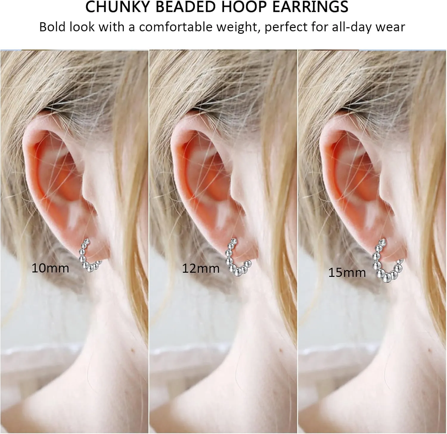 Gold Chunky Hoop Earrings for Women | Thick 925 Sterling Silver Post Beaded Ball Huggies Earrings Lightweight Hypoallergenic Hoops Jewelry Gifts, 10/12/15mm
