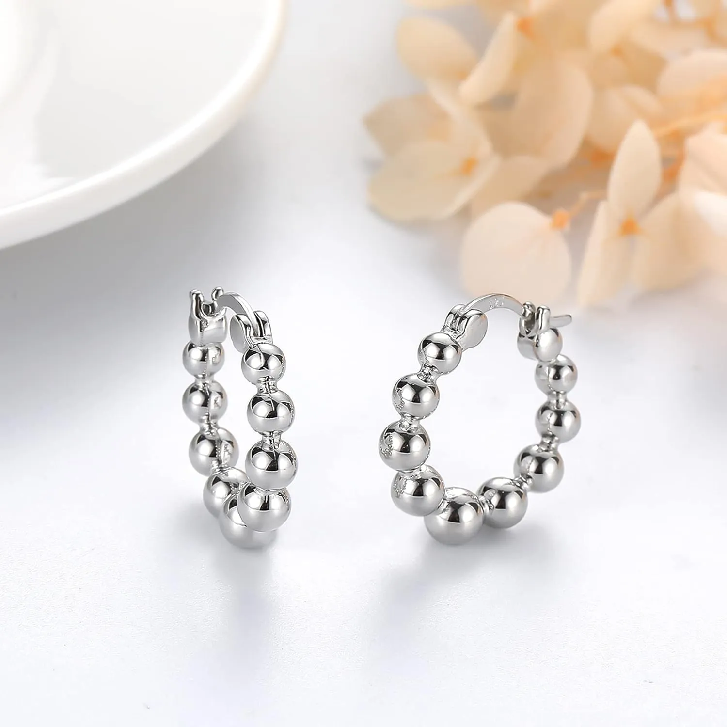 Gold Chunky Hoop Earrings for Women | Thick 925 Sterling Silver Post Beaded Ball Huggies Earrings Lightweight Hypoallergenic Hoops Jewelry Gifts, 10/12/15mm