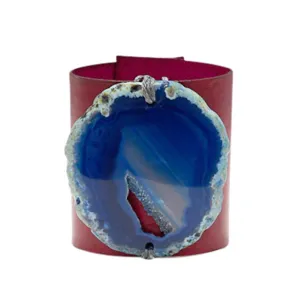 HANDCRAFTED CUFF - PINK LEATHER BLUE AGATE - 6CMPIBL1.2