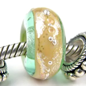 Handmade Large Hole Lampwork Beads, Pale Emerald Green Ivory Band Silver Shiny