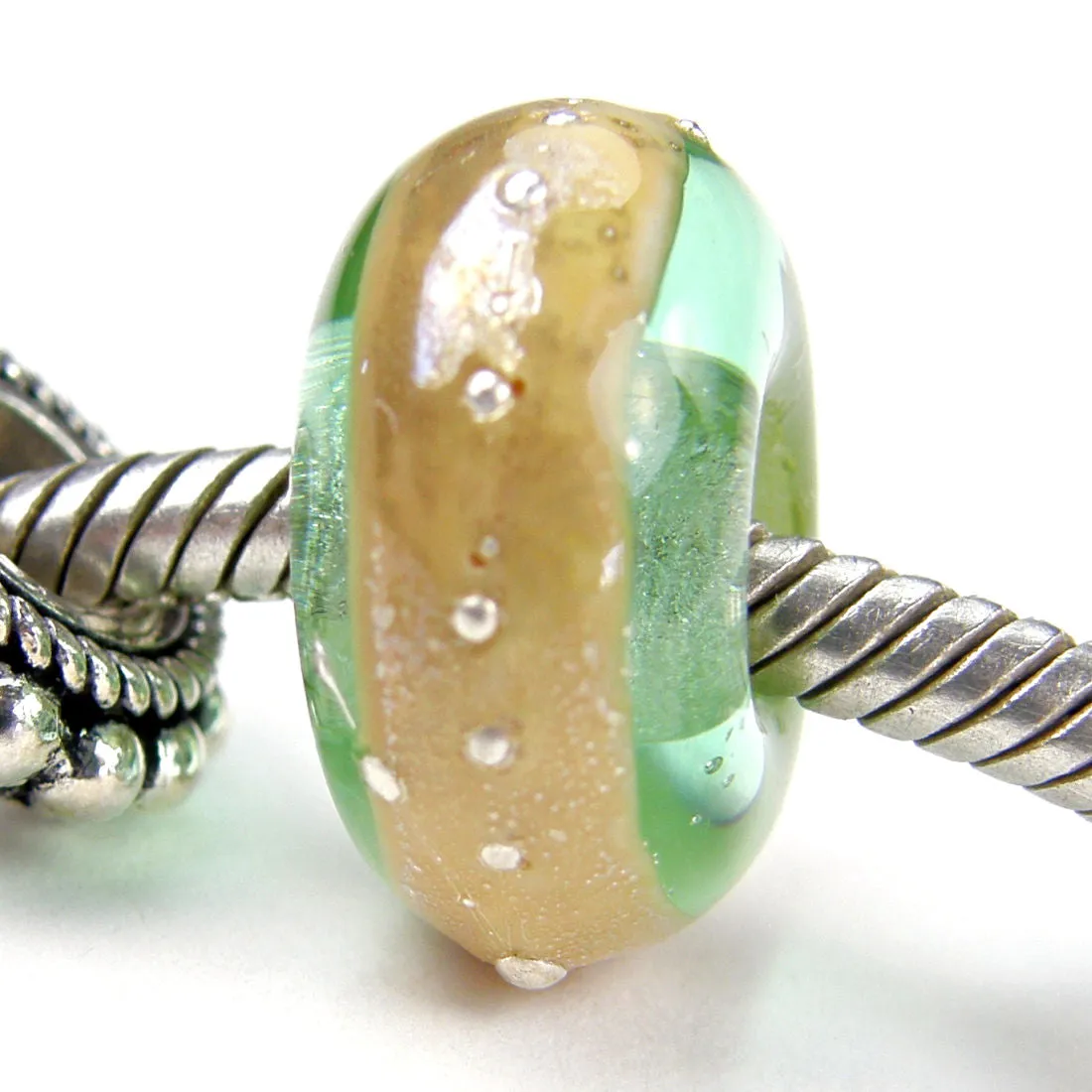Handmade Large Hole Lampwork Beads, Pale Emerald Green Ivory Band Silver Shiny
