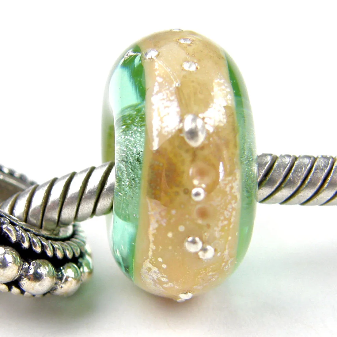 Handmade Large Hole Lampwork Beads, Pale Emerald Green Ivory Band Silver Shiny
