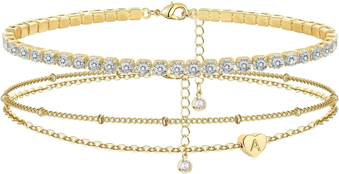 Initial Ankle Bracelets for Women,Dainty Gold Anklets,Layered Heart CZ Bead Initial Anklets,Gold Ankle Bracelet Set,Waterproof Summer Beach Jewelry for Women