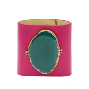 LOVED CUFF - PINK RUBY LEATHER WITH GREEN AGATE  S.1.01.003.1048