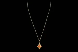Mid Century Italian Etruscan Revival 18K Yellow Gold Coral & Cultured Pearl Charm Pendant Necklace