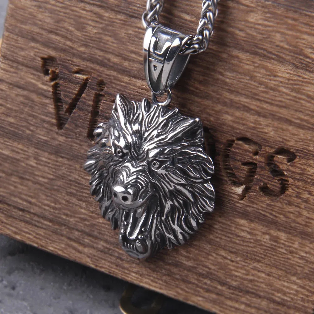 Norse Fashion Animal Stainless Steel Wolf Head Pendant Viking Necklace