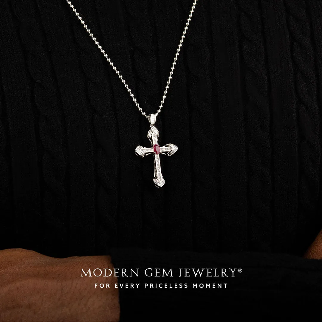 Oval Natural Ruby and Diamonds Cross Necklace