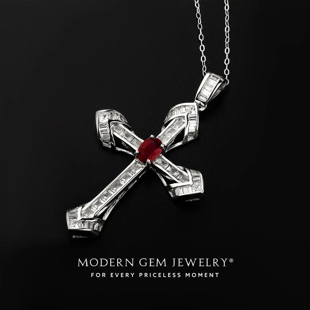 Oval Natural Ruby and Diamonds Cross Necklace