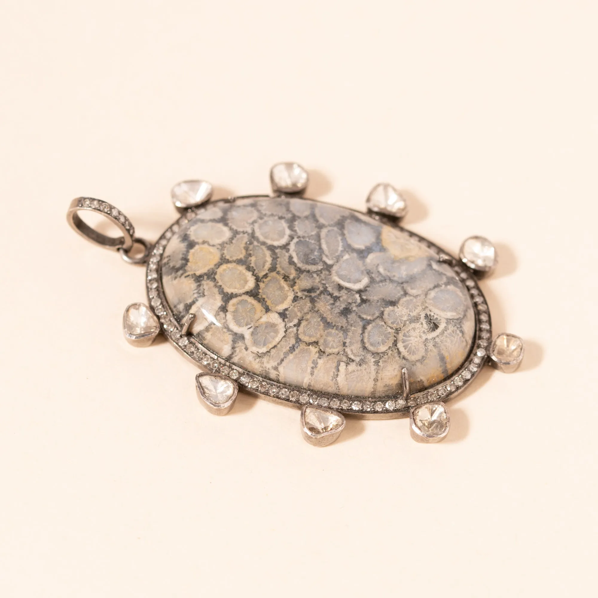 Pave and Polki Diamond Pendant with Coral Center