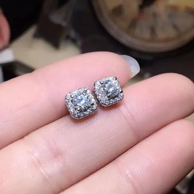 Platinum Plated Silver Halo Moissanite Stud Earrings 0.22ctw