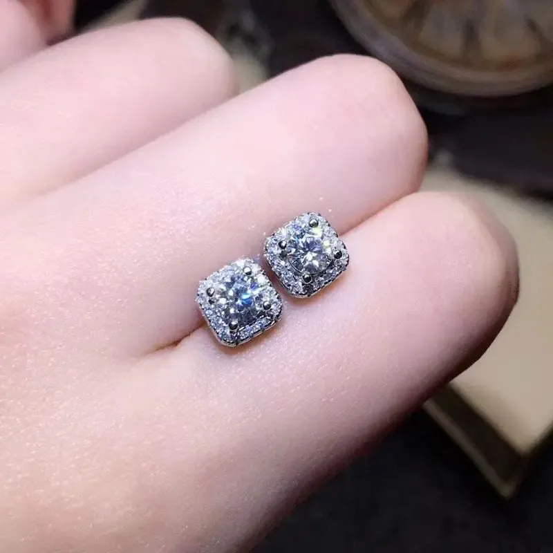 Platinum Plated Silver Halo Moissanite Stud Earrings 0.22ctw