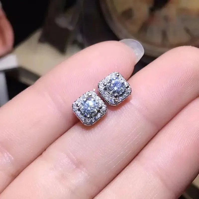 Platinum Plated Silver Halo Moissanite Stud Earrings 0.22ctw