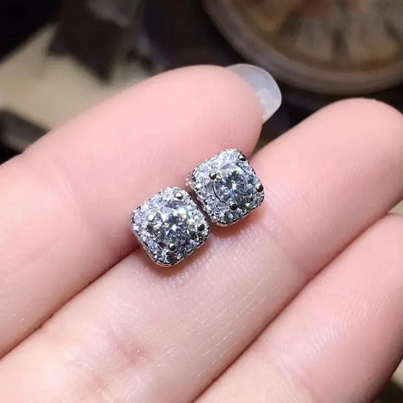 Platinum Plated Silver Halo Moissanite Stud Earrings 0.22ctw