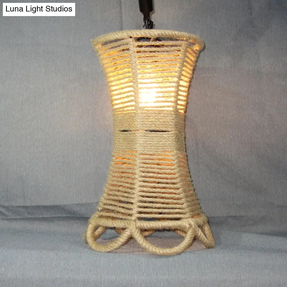 Rustic Beige Flared Pendant Light with Natural Rope and Artificial Ivy