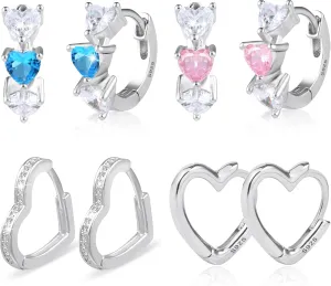 Small Sterling Silver Heart Hoop Earrings for Girls Women Hypoallergenic Love Heart Pink Blue Earrings Jewelry Girl Hoop Earings 4 Pairs