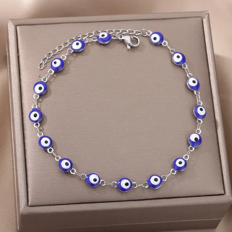 Stainless Steel Evil Eye Anklets Enamel Round Leg Chain Blue Evil Eye Anklets Bracelet