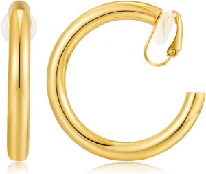 WOWORAMA Gold Clip On Hoop Earrings for Women - Classic Large Chunky Hoops - Non Pierced Minimalistic Clip Earrings