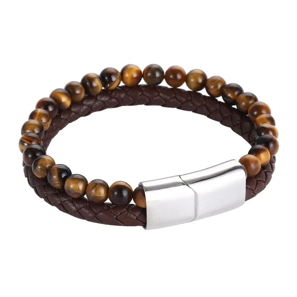 Yellow Tiger Eye in Genuine Leather Bracelet