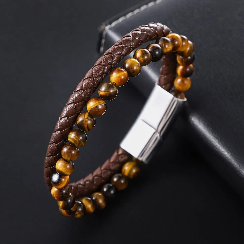 Yellow Tiger Eye in Genuine Leather Bracelet