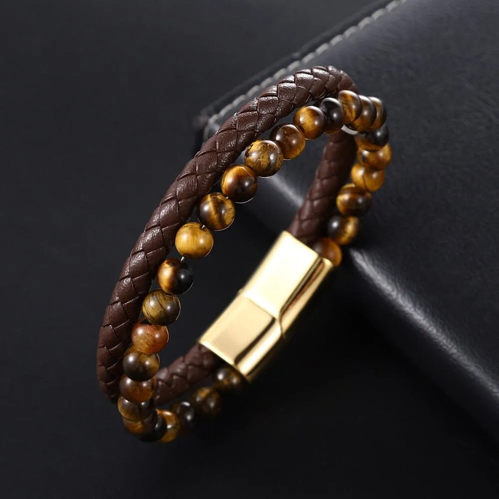 Yellow Tiger Eye in Genuine Leather Bracelet