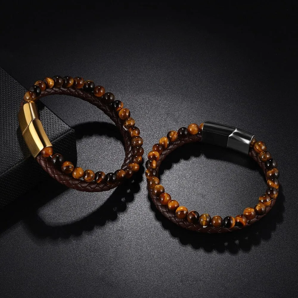 Yellow Tiger Eye in Genuine Leather Bracelet
