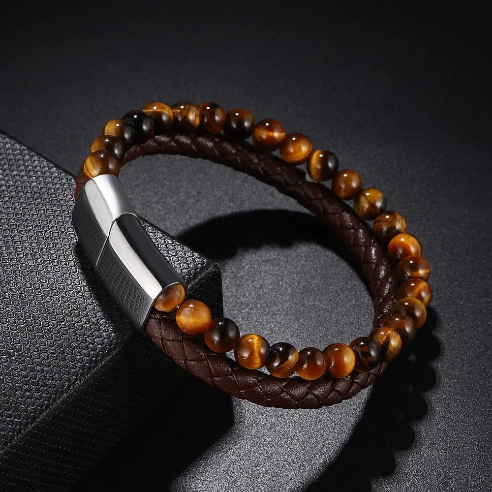 Yellow Tiger Eye in Genuine Leather Bracelet