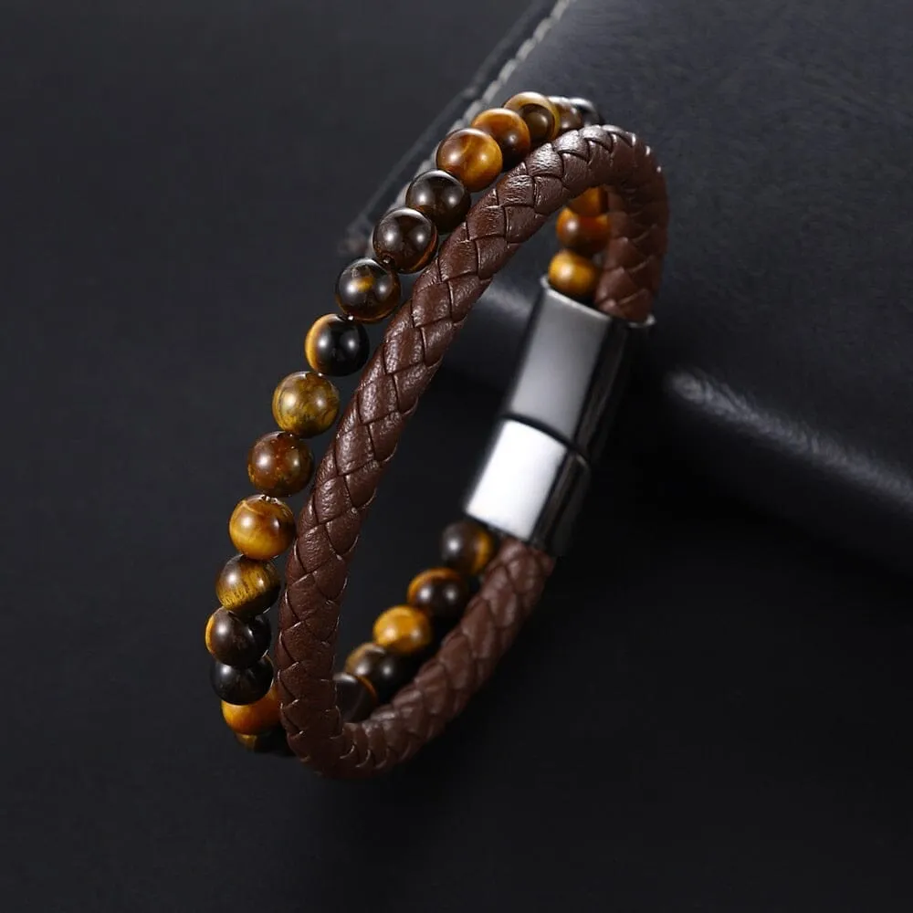 Yellow Tiger Eye in Genuine Leather Bracelet